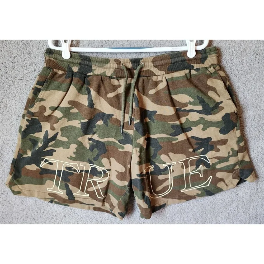 True Religion Camo Spellout Drawstring Basketball‎ Knit Shorts Size XL 36 Waist